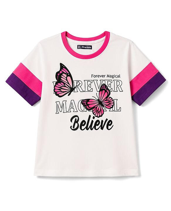 Pine Kids Cotton Knit T-Shirts with Butterfly Graphic Print Multi Color 4-5 Years