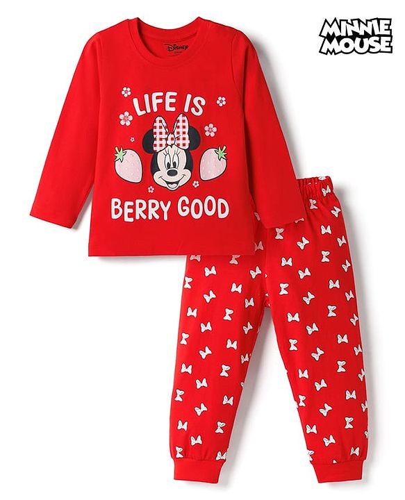 Babyhug Disney Single Jersey Knit Full Sleeves T-Shirt & Pyjama Night Suit With Minnie Mouse Graphics - Red