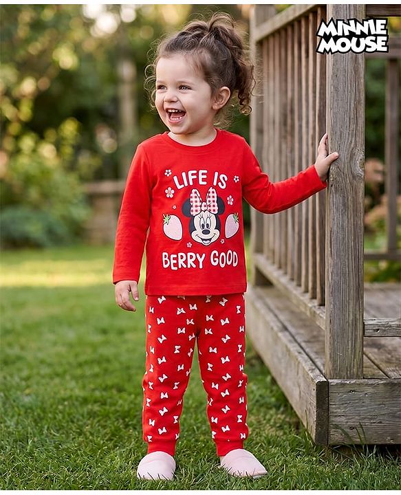 Babyhug Disney Single Jersey Knit Full Sleeves T-Shirt & Pyjama Night Suit With Minnie Mouse Graphics - Red
