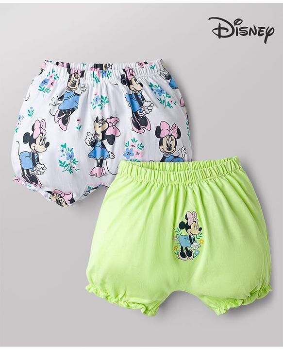 Babyhug Disney 100% Cotton Knit Bloomers With Minnie Mouse Graphic Pack of 2 - White & Lime Green
