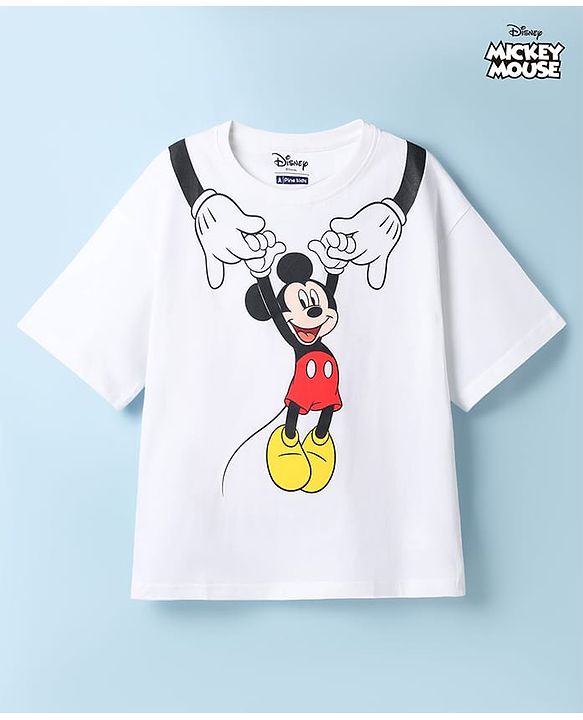 Pine Kids Disney Single Jersey Knit Drop Shoulder Sleeves T-Shirt With Mickey Mouse Graphics - White