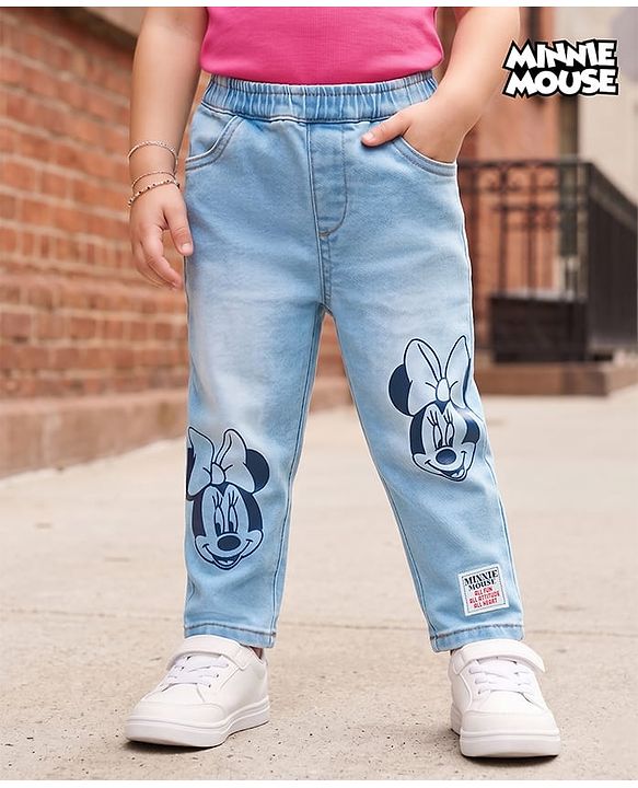 Babyhug Disney Denim Full Length Jeans With Minnie Mouse Graphics - Blue