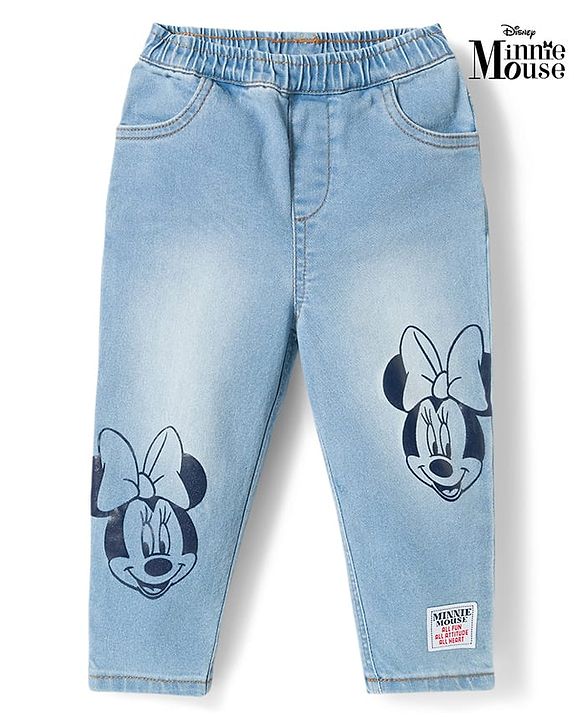 Babyhug Disney Denim Full Length Jeans With Minnie Mouse Graphics - Blue