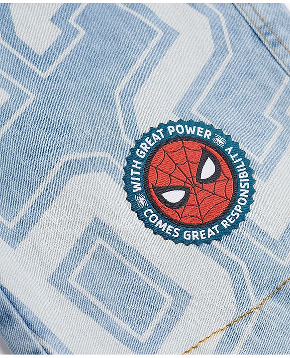 Pine Kids Marvel Above Knee Length Denim Shorts with Spider-Man Graphics - Blue