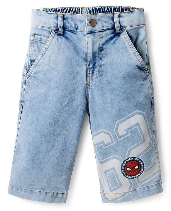 Pine Kids Marvel Above Knee Length Denim Shorts with Spider-Man Graphics - Blue