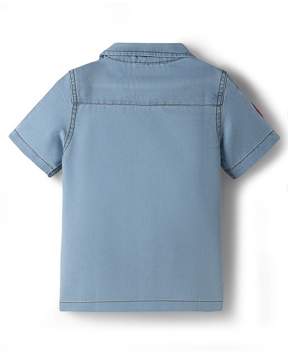 Pine Kids Marvel Cotton Woven Half Sleeves Denim Shirt With Spider Man Graphic With Badge Detailing - Blue