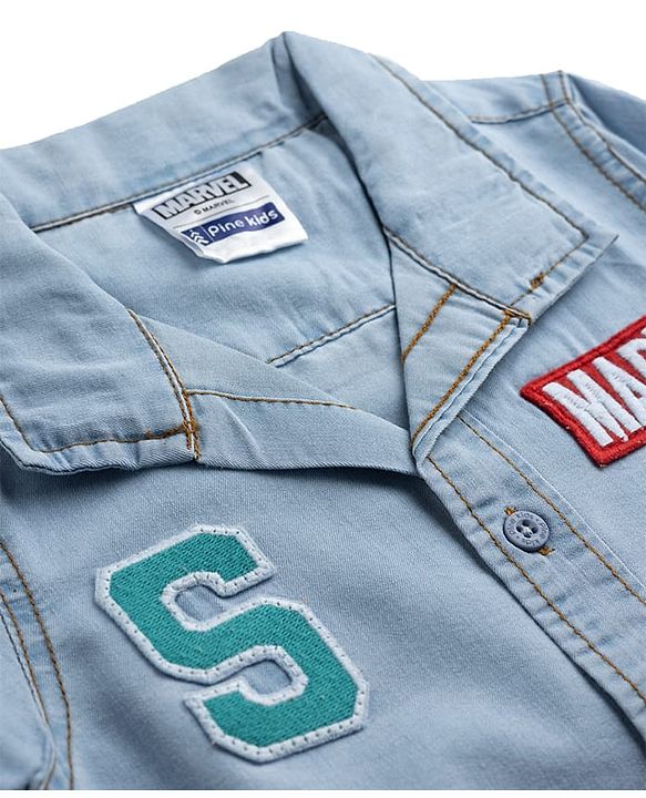 Pine Kids Marvel Cotton Woven Half Sleeves Denim Shirt With Spider Man Graphic With Badge Detailing - Blue