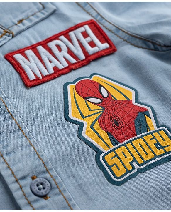 Pine Kids Marvel Cotton Woven Half Sleeves Denim Shirt With Spider Man Graphic With Badge Detailing - Blue