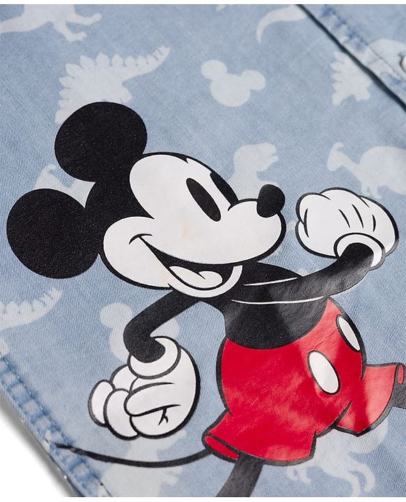 Pine Kids Disney Denim Woven Half Sleeves Shirt With MIckey Mouse Graphics & Dino Print  - Blue