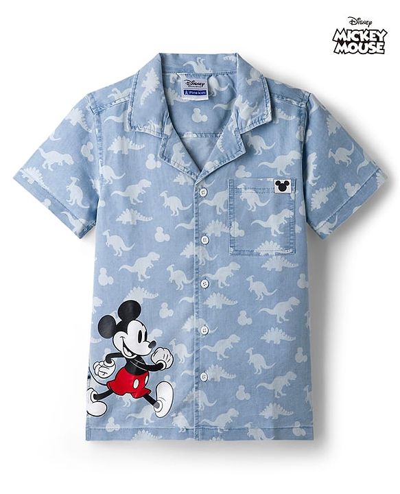 Pine Kids Disney Denim Woven Half Sleeves Shirt With MIckey Mouse Graphics & Dino Print  - Blue