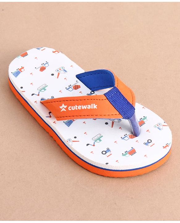 Cute Walk by Babyhug Slip On Construction Vehicles Printed Flip Flops - White