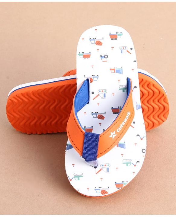Cute Walk by Babyhug Slip On Construction Vehicles Printed Flip Flops - White
