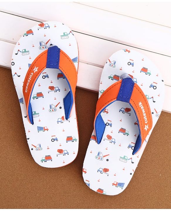 Cute Walk by Babyhug Slip On Construction Vehicles Printed Flip Flops - White