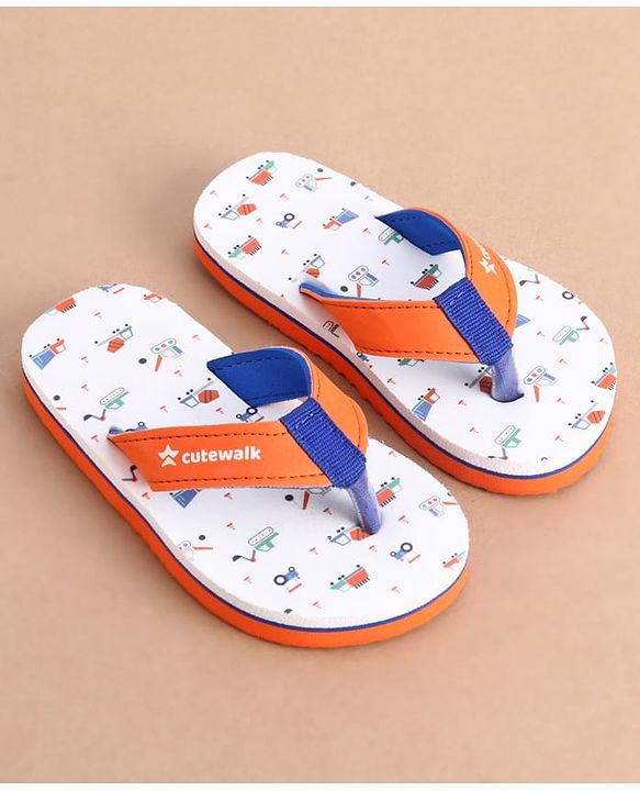 Cute Walk by Babyhug Slip On Construction Vehicles Printed Flip Flops - White
