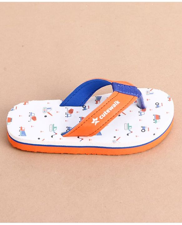Cute Walk by Babyhug Slip On Construction Vehicles Printed Flip Flops - White