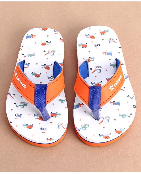 Cute Walk by Babyhug Slip On Construction Vehicles Printed Flip Flops - White