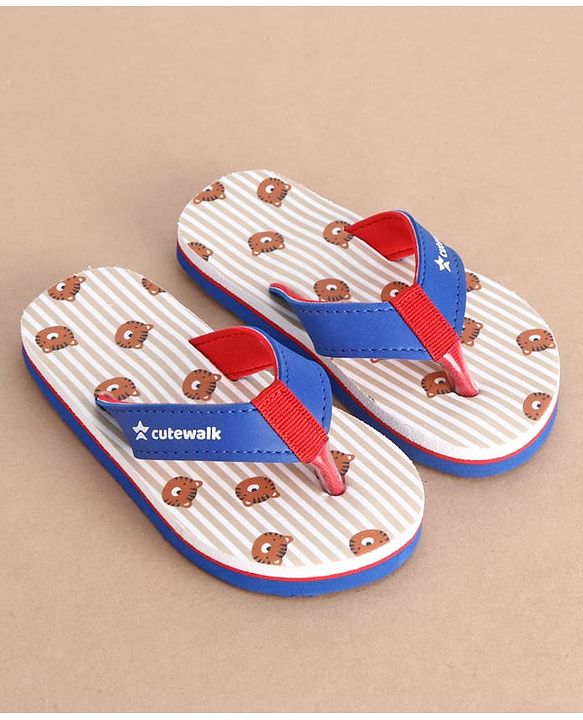 Cute Walk by Babyhug Slip On Striped & Tiger Printed Flip Flops - Blue & Red