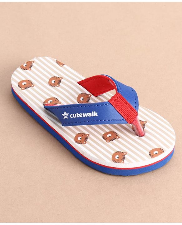 Cute Walk by Babyhug Slip On Striped & Tiger Printed Flip Flops - Blue & Red