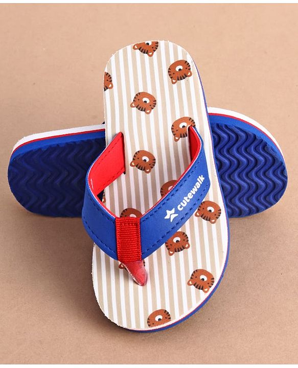 Cute Walk by Babyhug Slip On Striped & Tiger Printed Flip Flops - Blue & Red