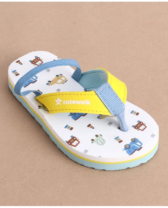 Cute Walk by Babyhug Back Strap Vehicles Printed Flip Flops - Yellow & White