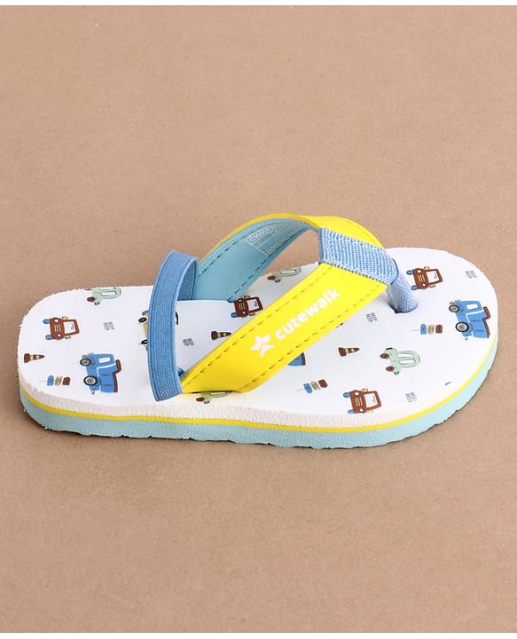 Cute Walk by Babyhug Back Strap Vehicles Printed Flip Flops - Yellow & White