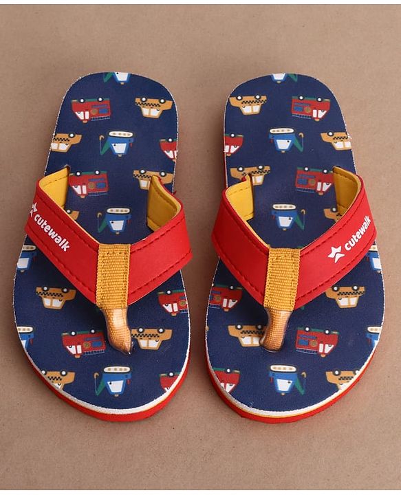Cute Walk by Babyhug Flip Flops with Vehicle Print - Navy Blue
