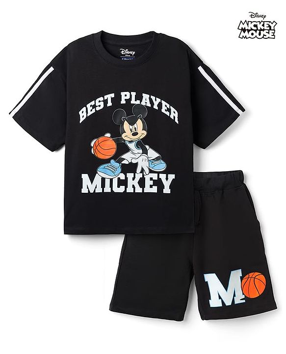Pine Kids Disney 100% Cotton Knit Half Sleeves T-Shirt & Shorts Set With Mickey Mouse Graphic - Black
