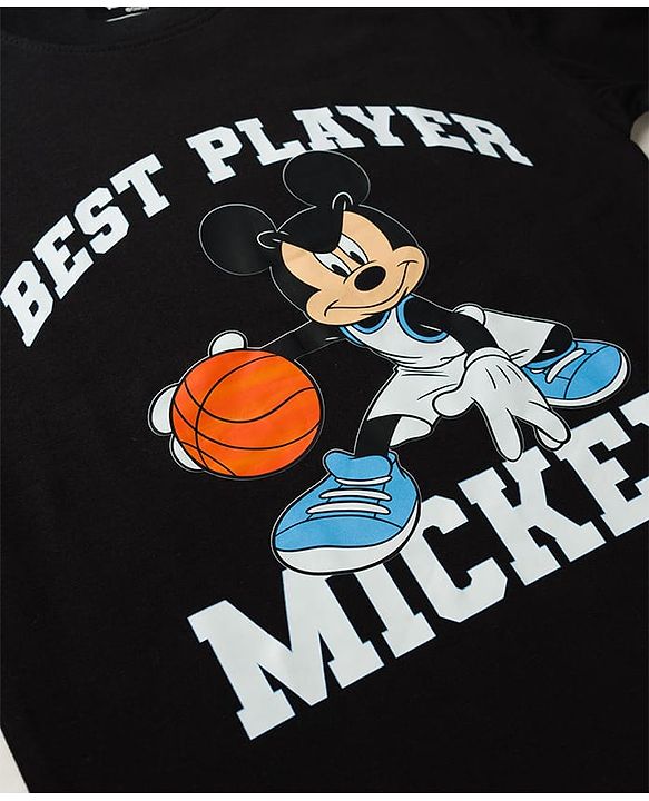 Pine Kids Disney 100% Cotton Knit Half Sleeves T-Shirt & Shorts Set With Mickey Mouse Graphic - Black