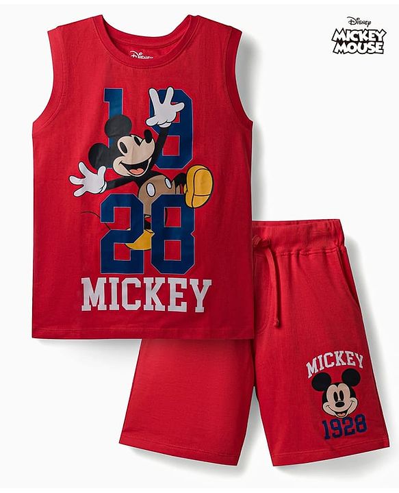 Pine Kids Disney Single Jersey Knit Sleeveless T-Shirt & Shorts Set with Mickey Mouse Graphics - Red