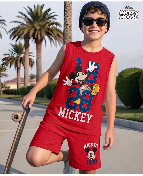 Pine Kids Disney Single Jersey Knit Sleeveless T-Shirt & Shorts Set with Mickey Mouse Graphics - Red