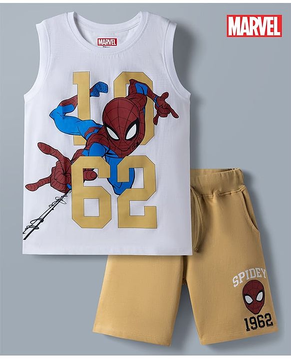 Pine Kids Marvel 100% Cotton Knit Sleeveless Tank T-Shirt & Shorts Set With Spider Man Graphic - Khaki