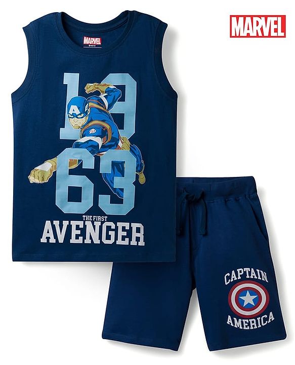 Pine Kids Marvel Single Jersey Knit Sleeveless T-Shirt & Shorts Set with Avengers Graphics - Blue