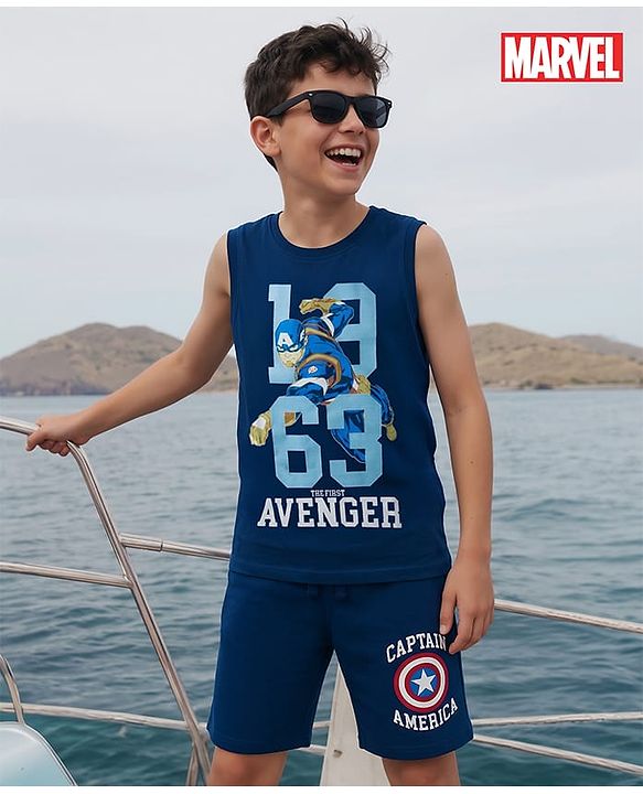 Pine Kids Marvel Single Jersey Knit Sleeveless T-Shirt & Shorts Set with Avengers Graphics - Blue
