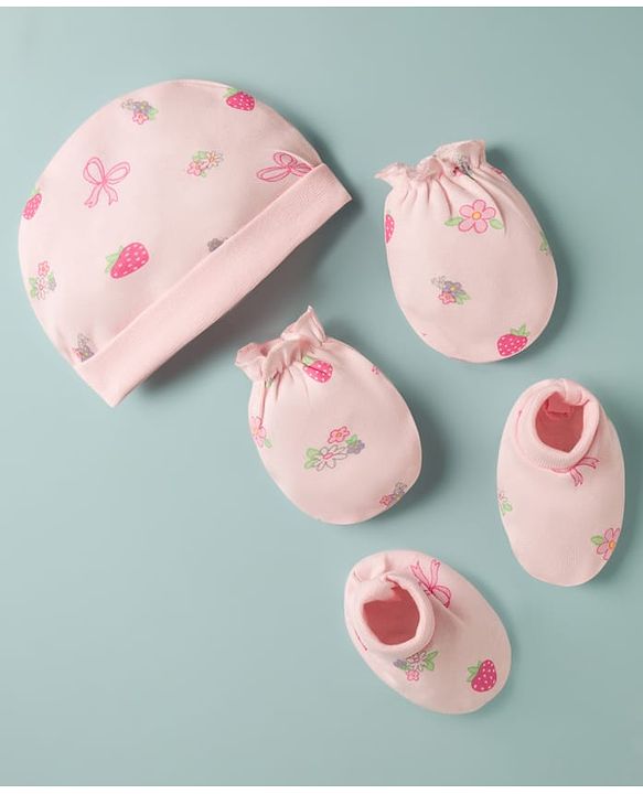 Babyhug 100% Cotton Interlock Knit Cap Mittens & Booties With Floral Bow & Strawberry Print Multicolor - Diameter 16 cm