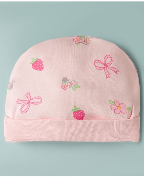 Babyhug 100% Cotton Interlock Knit Cap Mittens & Booties With Floral Bow & Strawberry Print Multicolor - Diameter 16 cm