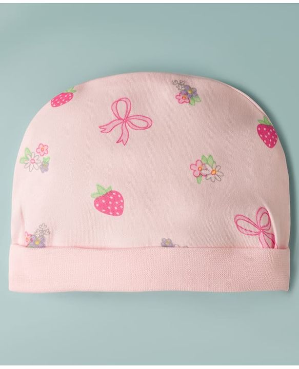 Babyhug 100% Cotton Interlock Knit Cap Mittens & Booties With Floral Bow & Strawberry Print Multicolor - Diameter 16 cm