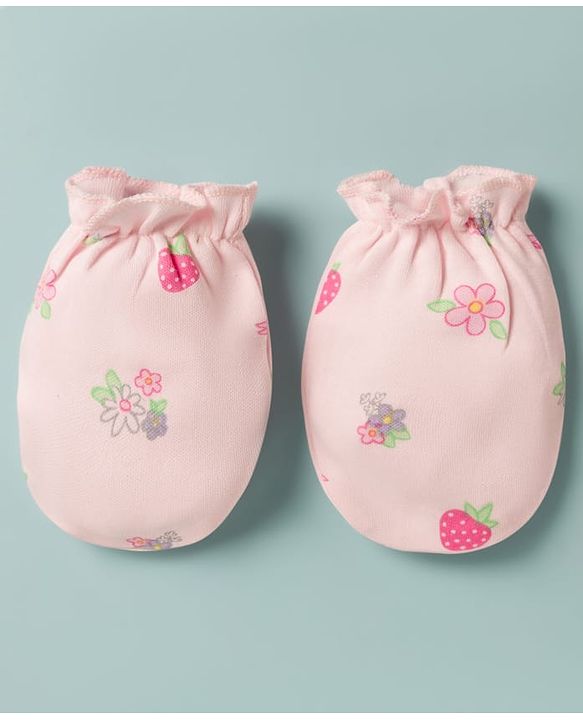 Babyhug 100% Cotton Interlock Knit Cap Mittens & Booties With Floral Bow & Strawberry Print Multicolor - Diameter 16 cm