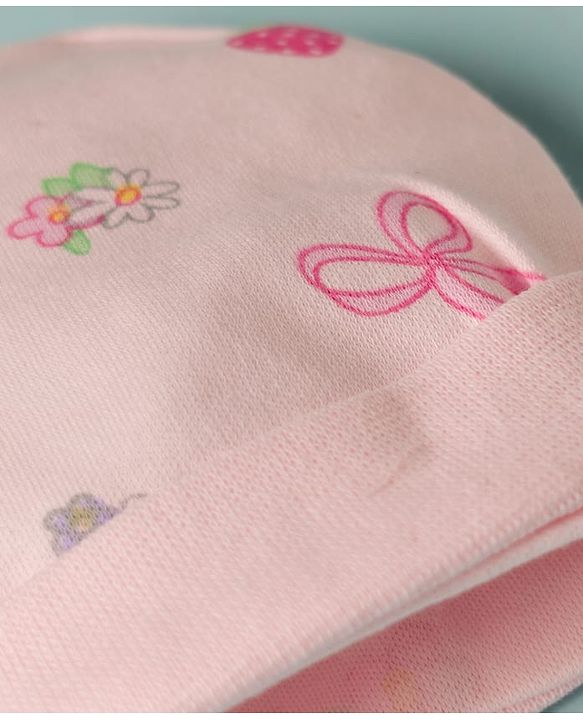 Babyhug 100% Cotton Interlock Knit Cap Mittens & Booties With Floral Bow & Strawberry Print Multicolor - Diameter 16 cm