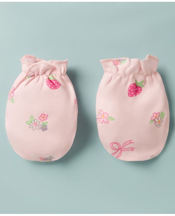 Babyhug 100% Cotton Interlock Knit Cap Mittens & Booties With Floral Bow & Strawberry Print Multicolor - Diameter 16 cm