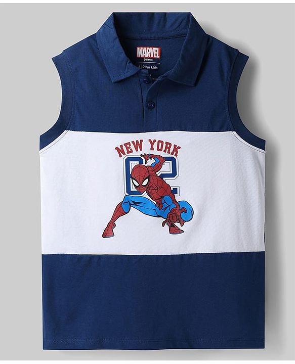 Pine Kids Marvel 100% Cotton Knit Sleeveless Tank Collar Neck T-Shirt & Shorts Set With Spider Man Graphic - Navy Blue & White