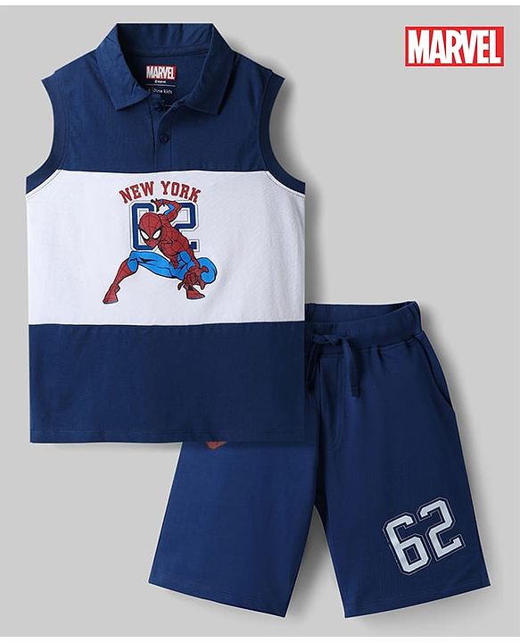 Pine Kids Marvel 100% Cotton Knit Sleeveless Tank Collar Neck T-Shirt & Shorts Set With Spider Man Graphic - Navy Blue & White
