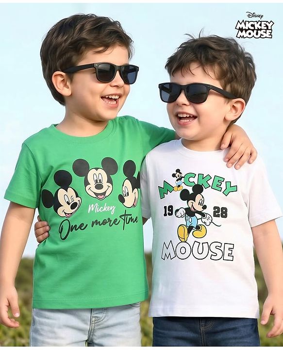 Babyhug Disney Cotton Knit T-Shirts Half Sleeve with Mickey Mouse Graphic Multi Color 3-6 Months Pack of 2