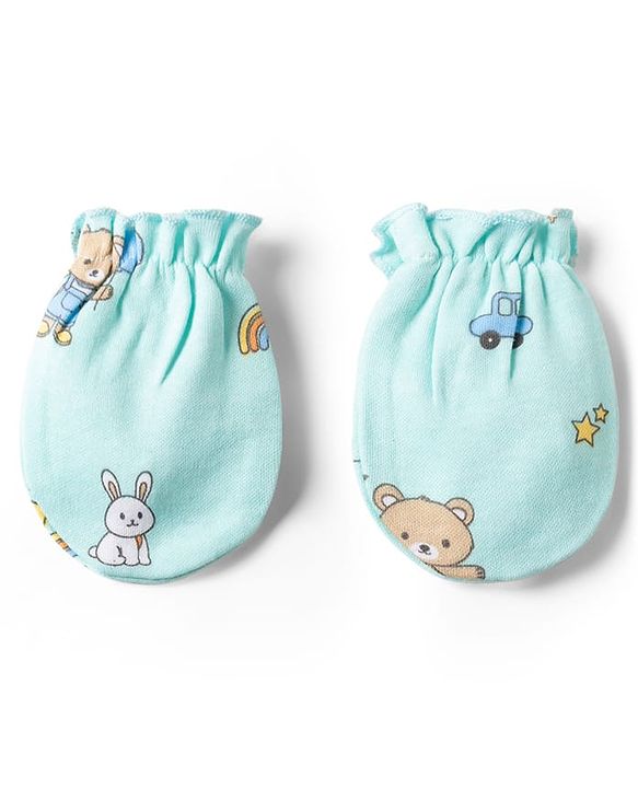 Babyhug 100% Cotton Knit Bear Printed Cap Mittens & Booties Set Multicolor - Diameter 10 cm