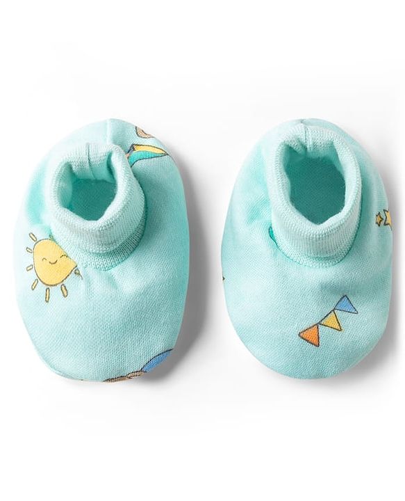 Babyhug 100% Cotton Knit Bear Printed Cap Mittens & Booties Set Multicolor - Diameter 10 cm