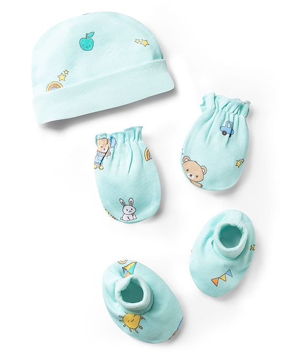 Babyhug 100% Cotton Knit Bear Printed Cap Mittens & Booties Set Multicolor - Diameter 10 cm