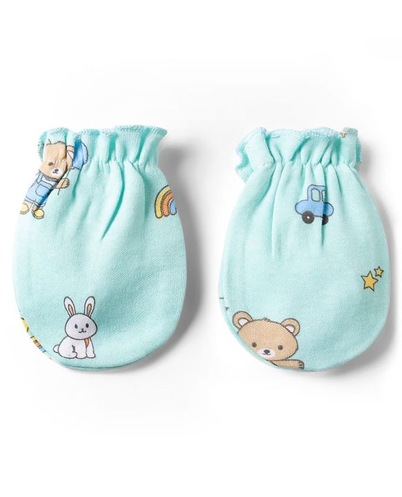Babyhug 100% Cotton Knit Bear Printed Cap Mittens & Booties Set Multicolor - Diameter 10 cm