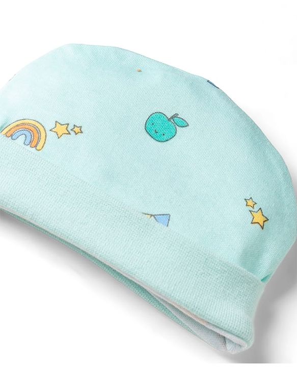 Babyhug 100% Cotton Knit Bear Printed Cap Mittens & Booties Set Multicolor - Diameter 10 cm