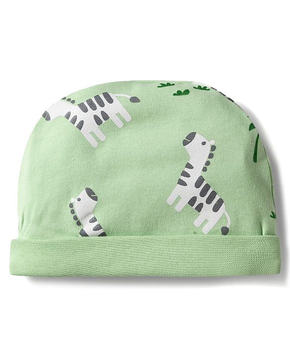 Babyhug 100% Cotton Knit Zebra Printed Cap Mittens & Booties Set Light Green - Diameter 16 cm