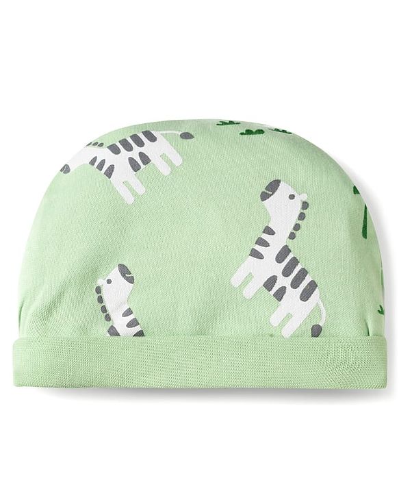 Babyhug 100% Cotton Knit Zebra Printed Cap Mittens & Booties Set Light Green - Diameter 16 cm