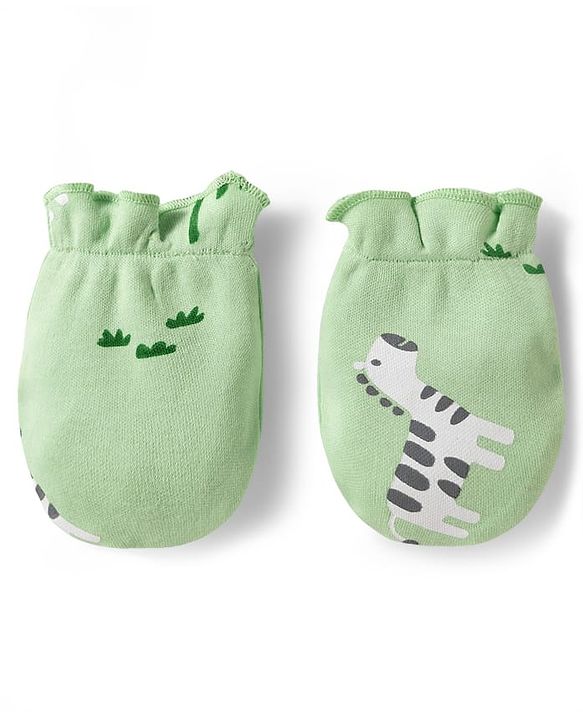 Babyhug 100% Cotton Knit Zebra Printed Cap Mittens & Booties Set Light Green - Diameter 16 cm
